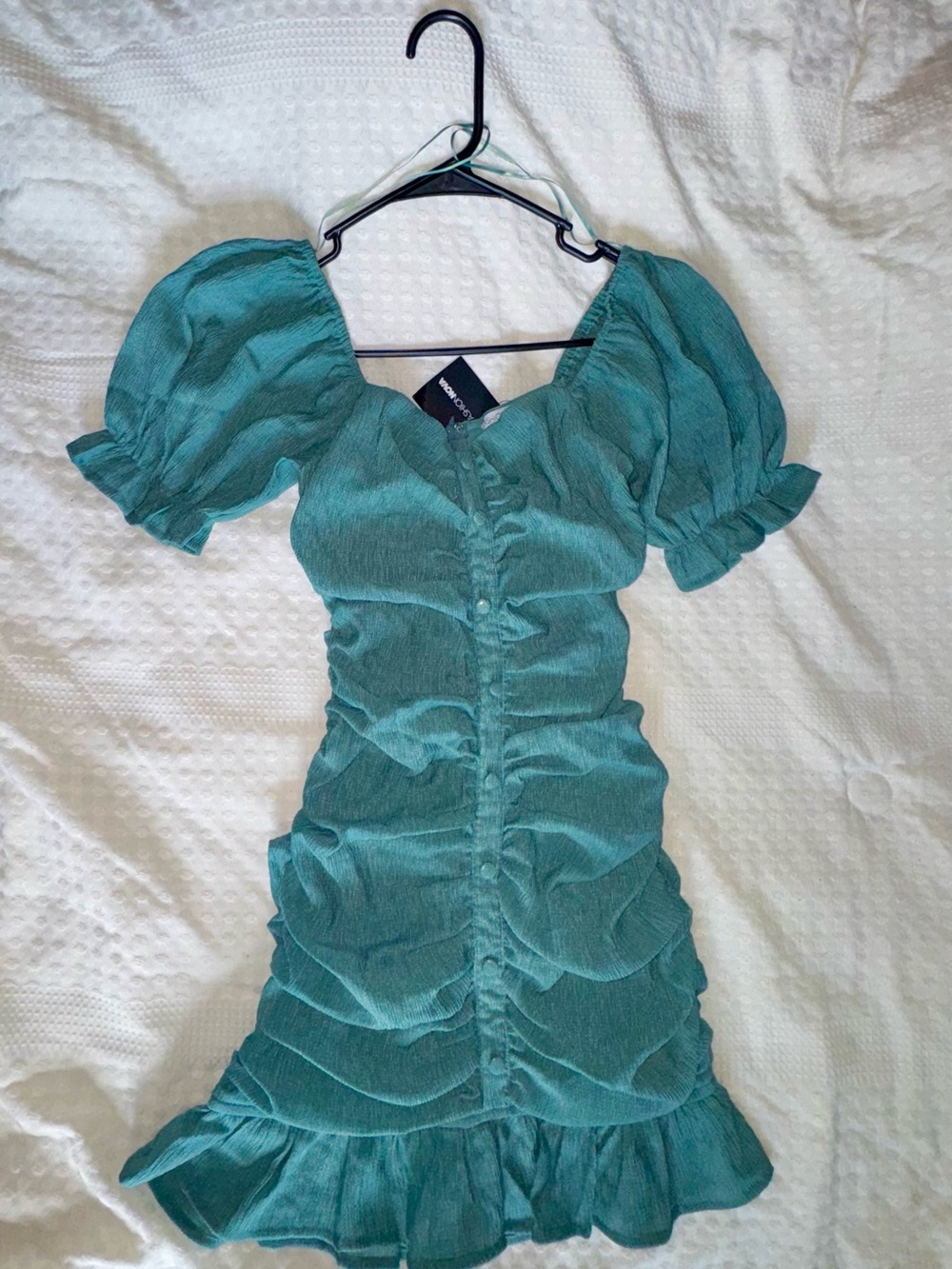 Fashion Nova Teal Puff Sleeve Ruched Mini Dress
